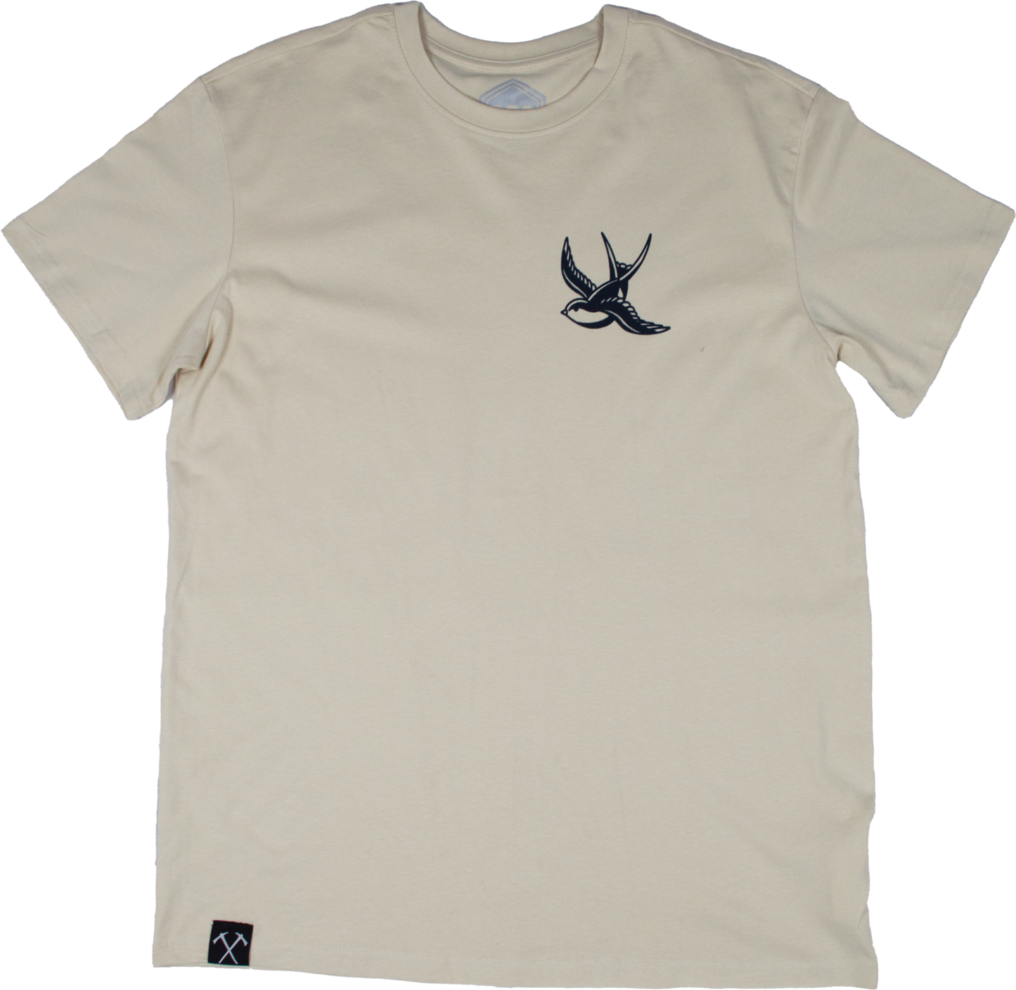 Beige t-shirt with a black logo on a white background
