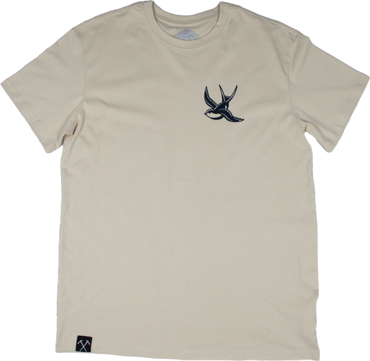 Beige t-shirt with a black logo on a white background